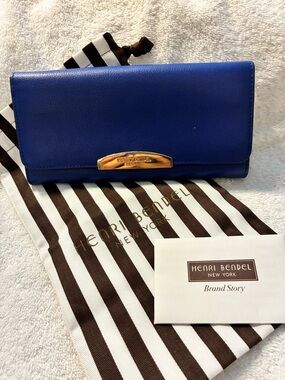 henri bendel Royal Blue Leather Continental Wallet with Gold Plaque